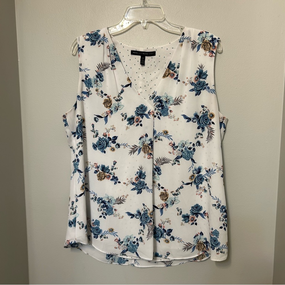 White House Black Market Floral V-Neck Blouse - White and Blue